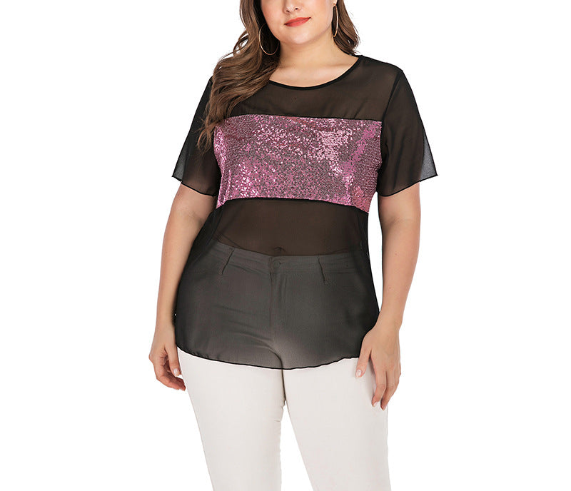 Sexy Black Mesh Transparent Short-sleeved T-shirt