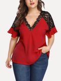 Large Size Women's Contrast Color Lace Stitching Top