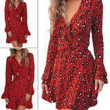 Autumn and Winter New Sexy Women's Long-sleeved Printed Leopard Dress with Belt