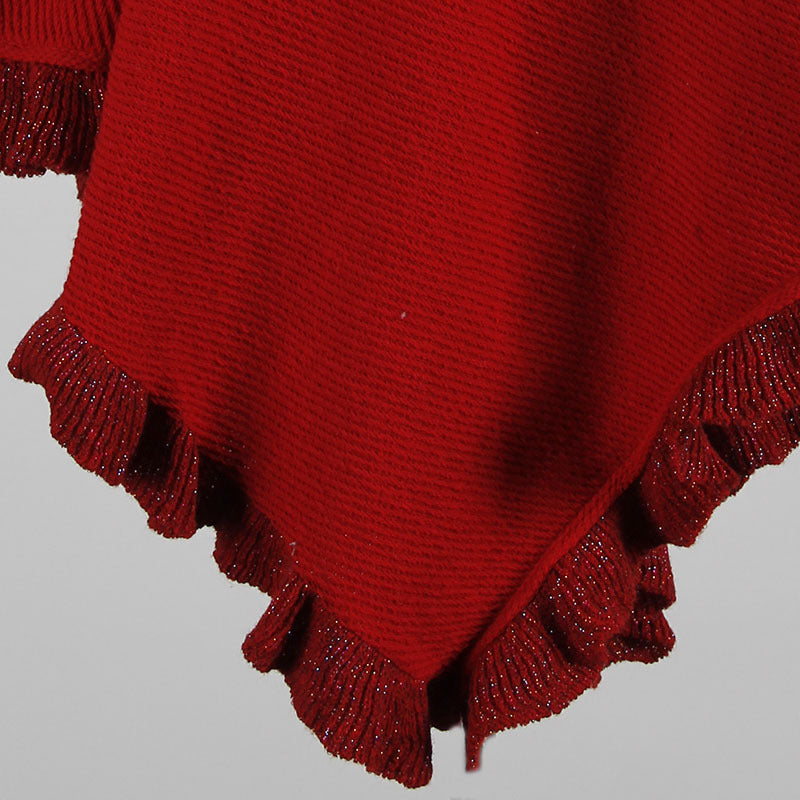 Cloak Shawl Collar Ruffled Hem Solid Color Ladies Sweater