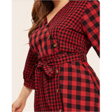 Plus Size Round Neck Red Plaid Stitching Long Belt Shirt Dress