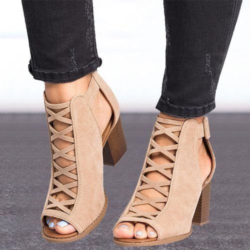 Summer Thick with High Heel Roman Shoes Fish Mouth Hollow Large Size Buckle Sandals
