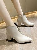 Autumn and Winter Women's Shoes Martin Boots Pointed Rhinestones Thick with Front Zipper High Heel