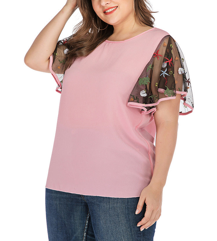 Large Size Short Sleeve Embroidered Ruffled Sleeve T-shirt