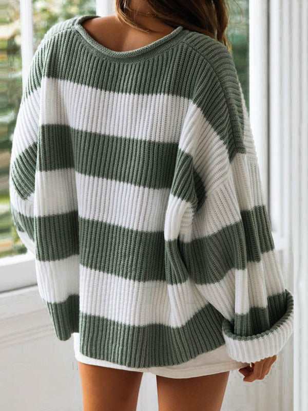 Crimped Round Neck Striped Colorblock Sweater