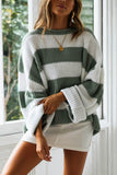 Crimped Round Neck Striped Colorblock Sweater