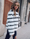 Black and White Striped Faux Fur Long Sleeve Coat