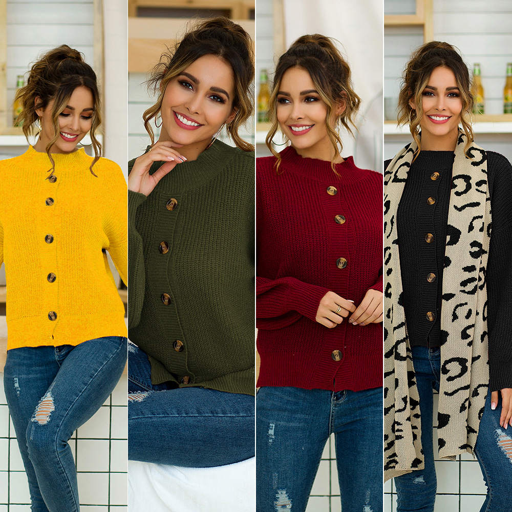 Autumn and Winter Women's Four-color Long-sleeved Button Front and Back Two-piece Pullover Sweater