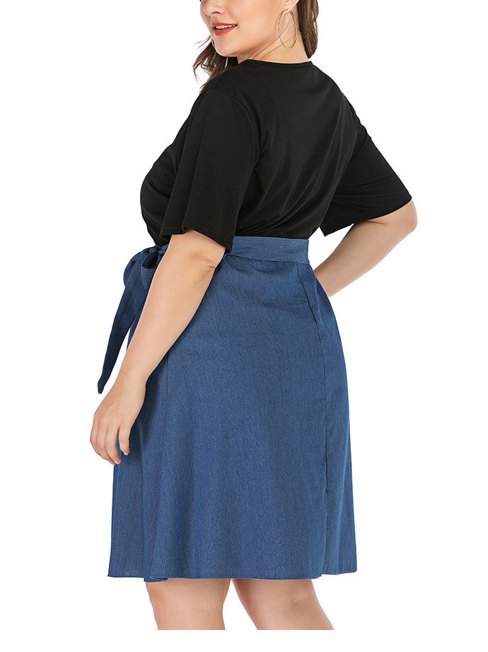 Plus Size Black Short Sleeve Stitching Denim Dress