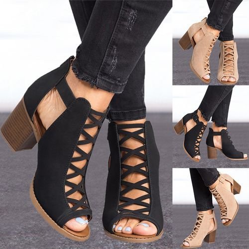 Summer Thick with High Heel Roman Shoes Fish Mouth Hollow Large Size Buckle Sandals