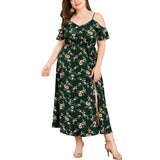 Off-the-shoulder Strap V-neck High Waist Split Fashion Large Size Women's Printed Dress