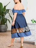 New Wrapped Chest Short-sleeved High-waist Mesh Stitching Large Size Women's Denim Dress