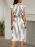New Ruffled Flying Sleeves with High Waist Fashion Striped Print Dress