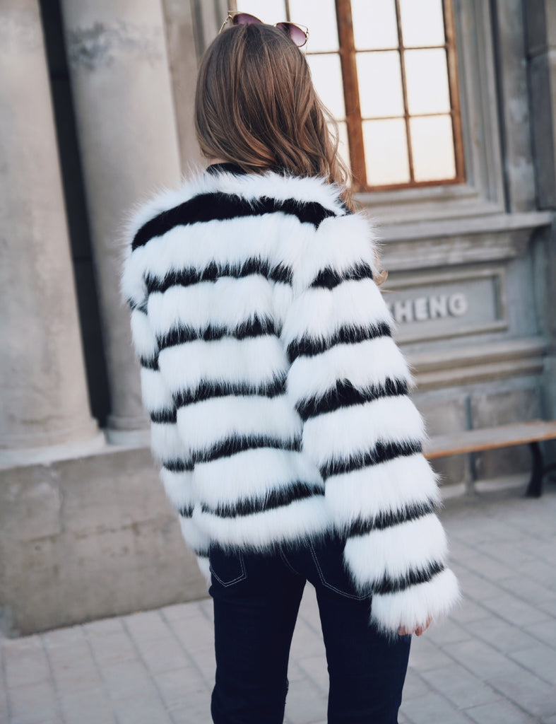 Black and White Striped Faux Fur Long Sleeve Coat