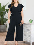 Ruffled Flying Sleeves V-neck High Waist Wide Leg Large Size Women's One-piece Trousers