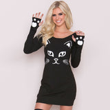 Women's Short Skirt Halloween Human Skeleton Cat Print Sexy Long-sleeved Dress