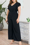 Ruffled Flying Sleeves V-neck High Waist Wide Leg Large Size Women's One-piece Trousers