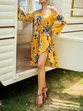 Women's Yellow Strapless Long-sleeved Skirt Autumn Dress Irregular Dress Women's Dress