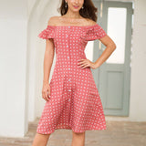New Ruffled Short Sleeve One-Shoulder Single-Piece Polka Dot Print Slim Dress