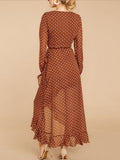 Long-sleeved Polka-dot Ruffled Split Skirt Dress Maxi Skirt