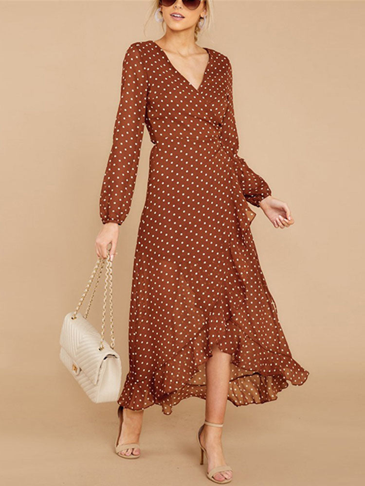 Long-sleeved Polka-dot Ruffled Split Skirt Dress Maxi Skirt