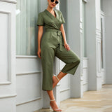 Cross V-neck Tie Waist Short Sleeve Fashion One-piece Cropped Trousers