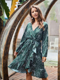 Original Design Women's Green Bottom Irregular Wave Dresses Autumn New Women's Dresses