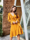 Original Design Women's Yellow Wave Long-sleeved Lace Women's Dress V-neck Sexy Autumn Dress Women