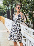 Original Design Leopard V-neck New Autumn Women's Dress Slim Long-sleeved Skirt Female