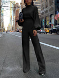 Solid Color High Collar Long Sleeve Casual Jumpsuit