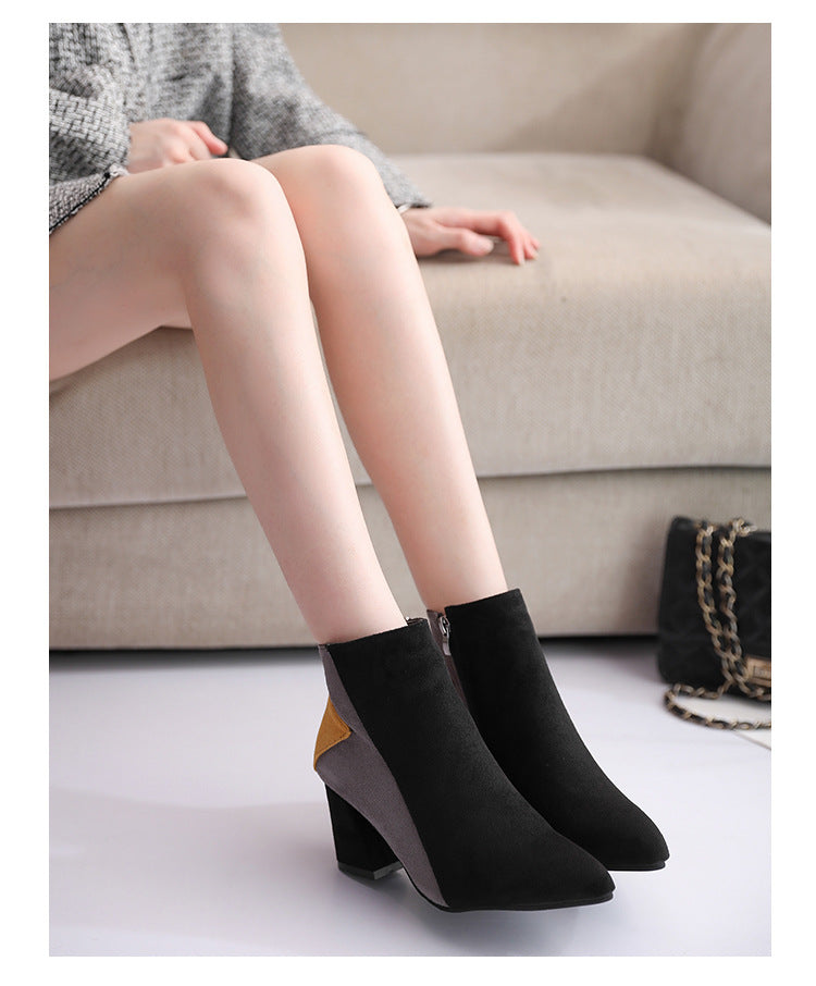 Autumn and Winter Boots High Heel Thick with Pointed Scrubs Martin Boots Side Zipper Boots
