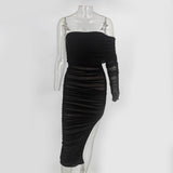 Summer New Mesh Single-sleeve Oblique Shoulder Split Skirt Pleated Dress
