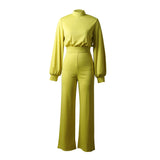 Solid Color High Collar Long Sleeve Casual Jumpsuit