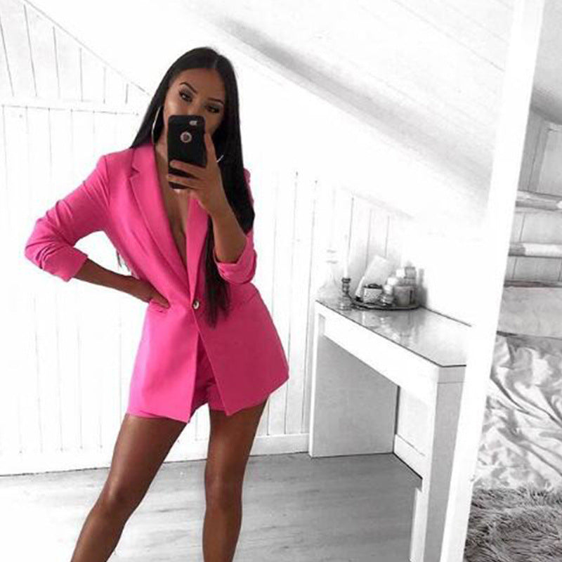 Temperament Tumbling Collar Suit Jacket Shorts Solid Color Two-piece Women's Clothing