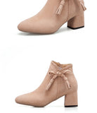 Autumn and Winter Bow Thick with Ankle Boots Female High-heeled Pointed Martin Boots Women's Suede Shoes