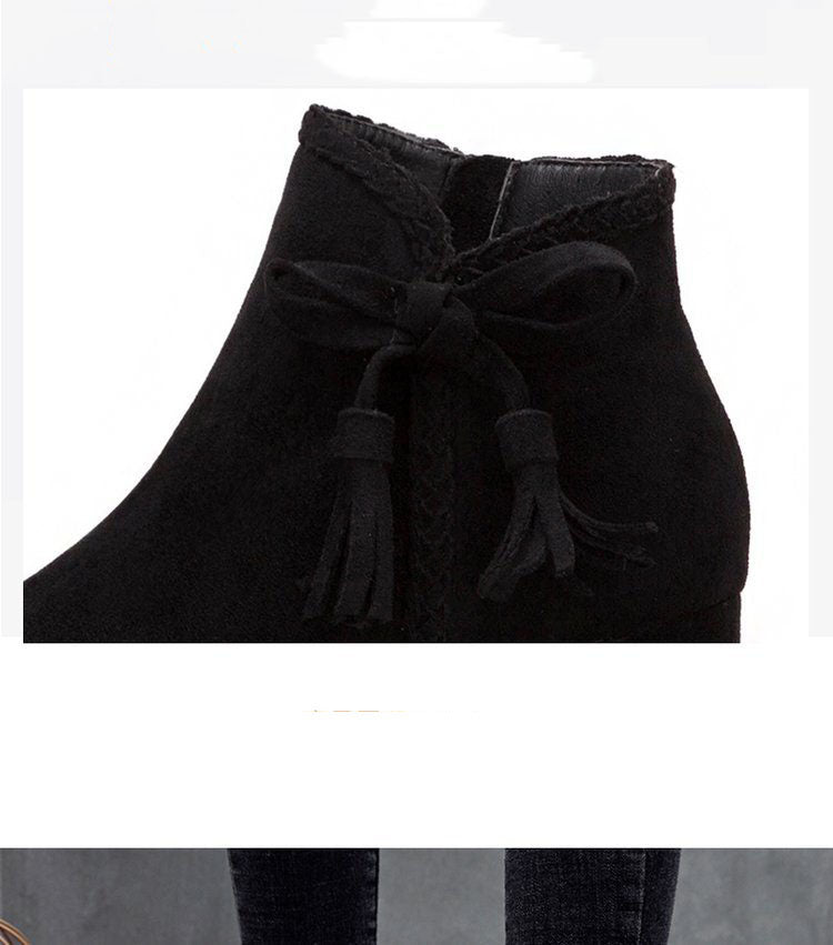 Autumn and Winter Bow Thick with Ankle Boots Female High-heeled Pointed Martin Boots Women's Suede Shoes