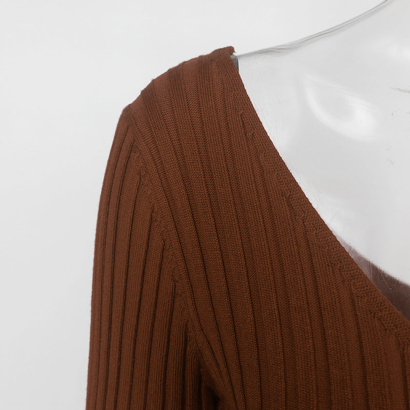 Autumn and Winter V-neck Off-the-shoulder Long-sleeved Slim Knit Dress