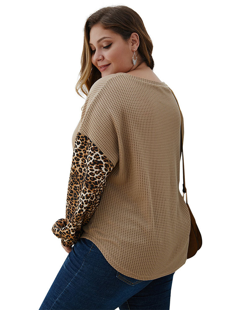 Large Size Women's Leopard Stitching Sweater Autumn and Winter Long-sleeved Shirt