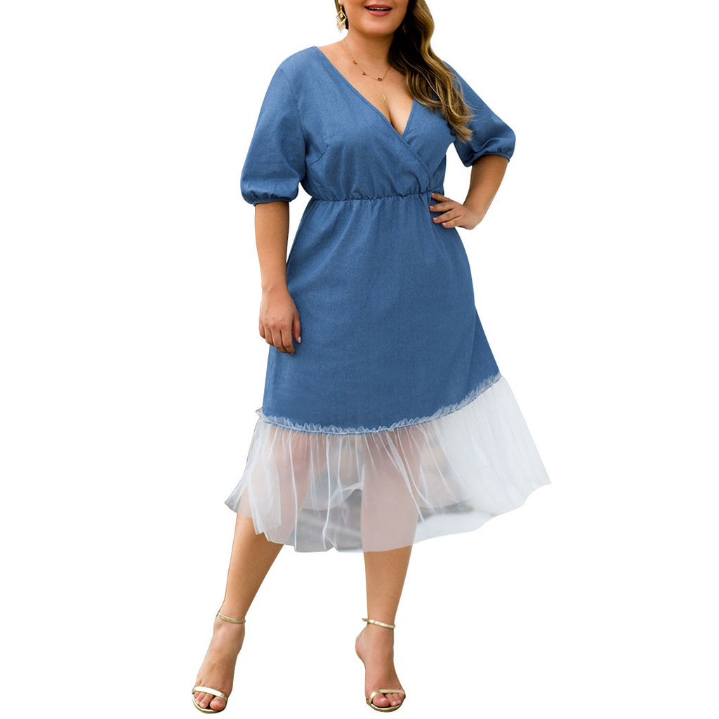 Lantern Sleeve V-neck High Waist Mesh Stitching Large Size Women's Denim Dress