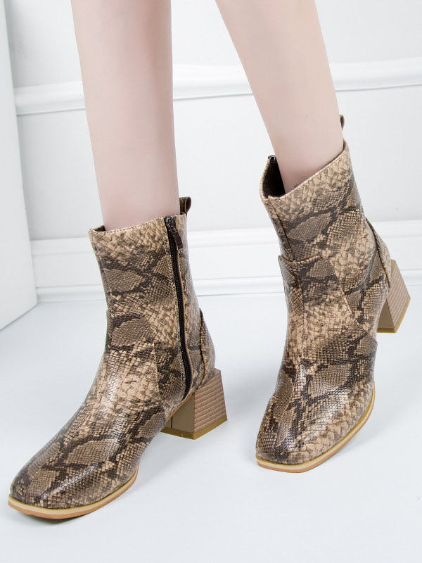 Martin Boots Female Large Size Thick with Side Zipper Fashion Snake Square Ankle Boots