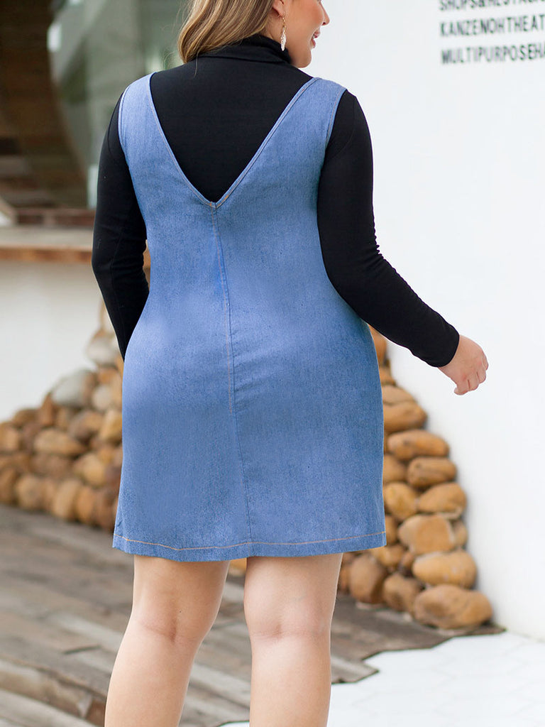 Front and Rear V-neck Sleeveless Zipper Waist Pocket Large Size Women's Denim Skirt