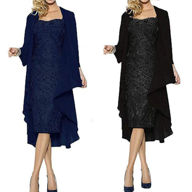 Stylish and Elegant Lace Chiffon Dress Two-piece Suit