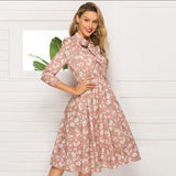 Autumn and Winter New Women's Printing Tie Collar Stand Party Evening Dress Long-sleeved Pink Dress