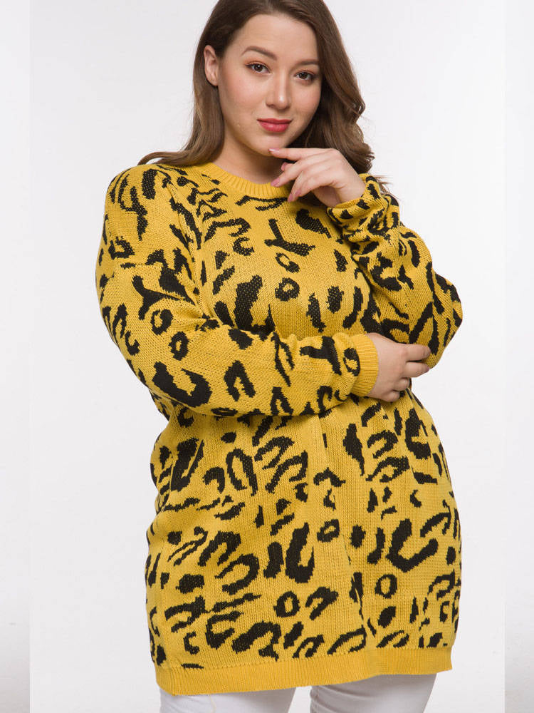 Large Size Women's Fat MM Round Neck Leopard Loose Sweater