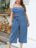 New Word Shoulder High Waist Strap Wide Leg Large Size Women's Denim One-piece Cropped Trousers