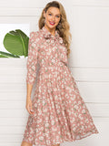 Autumn and Winter Women's Printed Lace-up Stand Collar Party Evening Dress Long-sleeved Pink Dress