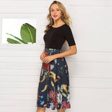 Spring and Autumn Print Stitching Women's Dress Slim Fit High Waist Party Dress