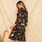 Women's Long-sleeved Dress Autumn and Winter Floral Round Neck Tie Slim A-line Skirt