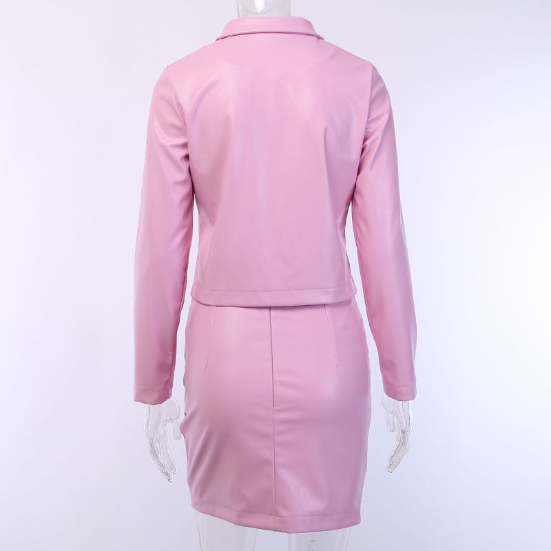 Autumn Women's Suit PU Leather Lapel Jacket Irregular Skirt Fashion Two-piece Suit