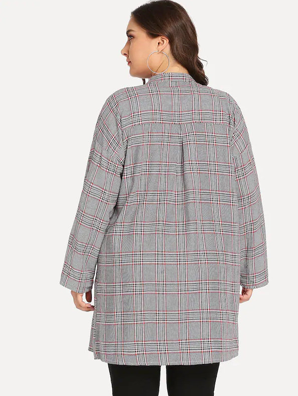 Large Size Women's Fat Mm Long Sleeve Plaid Jacket